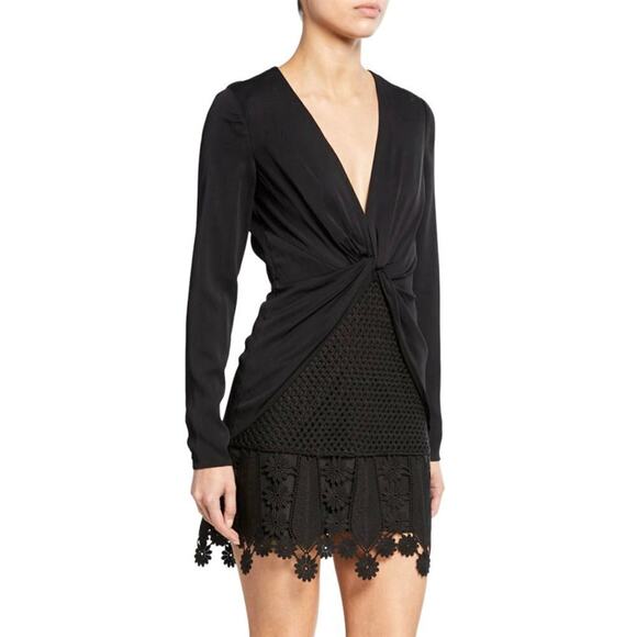 Self-Portrait Black Knotted V-Neck‎ Guipure Lace Mini Dress – Size US 4